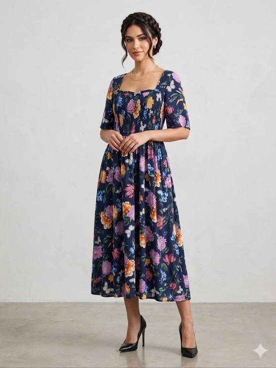 torrid Dresses & Skirts - Torrid Navy Floral Square-Neck Midi Dress‎ Size 1x ( 14-16)